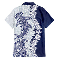 Polynesian Navy Blue Plumeria Lei Family Matching Off Shoulder Maxi Dress and Hawaiian Shirt with Hammerhead Shark
