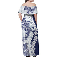 Polynesian Navy Blue Plumeria Lei Family Matching Off Shoulder Maxi Dress and Hawaiian Shirt with Hammerhead Shark