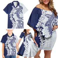 Polynesian Navy Blue Plumeria Lei Family Matching Off Shoulder Short Dress and Hawaiian Shirt with Hammerhead Shark
