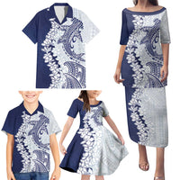 Polynesian Navy Blue Plumeria Lei Family Matching Puletasi and Hawaiian Shirt with Hammerhead Shark