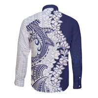 Polynesian Navy Blue Plumeria Lei Long Sleeve Button Shirt with Hammerhead Shark