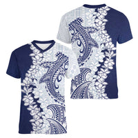 Polynesian Navy Blue Plumeria Lei Women V-Neck T-Shirt with Hammerhead Shark LT7 - Polynesian Pride