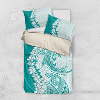 Polynesian Teal Plumeria Lei Bedding Set with Hammerhead Shark