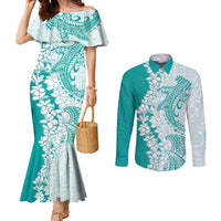 Polynesian Teal Plumeria Lei Couples Matching Mermaid Dress and Long Sleeve Button Shirt with Hammerhead Shark LT7 Teal - Polynesian Pride
