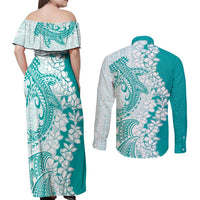 Polynesian Teal Plumeria Lei Couples Matching Off Shoulder Maxi Dress and Long Sleeve Button Shirt with Hammerhead Shark LT7 - Polynesian Pride