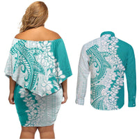 Polynesian Teal Plumeria Lei Couples Matching Off Shoulder Short Dress and Long Sleeve Button Shirt with Hammerhead Shark LT7 - Polynesian Pride