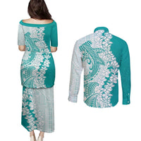 Polynesian Teal Plumeria Lei Couples Matching Puletasi and Long Sleeve Button Shirt with Hammerhead Shark LT7 - Polynesian Pride