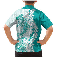 Polynesian Teal Plumeria Lei Family Matching Mermaid Dress and Hawaiian Shirt with Hammerhead Shark