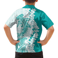 Polynesian Teal Plumeria Lei Family Matching Off Shoulder Short Dress and Hawaiian Shirt with Hammerhead Shark