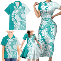Polynesian Teal Plumeria Lei Family Matching Short Sleeve Bodycon Dress and Hawaiian Shirt with Hammerhead Shark