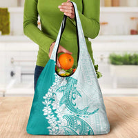 Polynesian Teal Plumeria Lei Grocery Bag with Hammerhead Shark