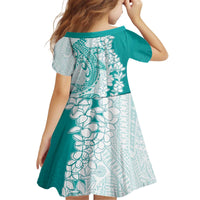 Polynesian Teal Plumeria Lei Kid Short Sleeve Dress with Hammerhead Shark