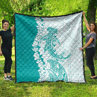 Polynesian Teal Plumeria Lei Quilt with Hammerhead Shark