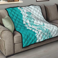 Polynesian Teal Plumeria Lei Quilt with Hammerhead Shark