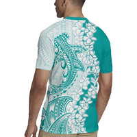 Polynesian Teal Plumeria Lei Rugby Jersey with Hammerhead Shark