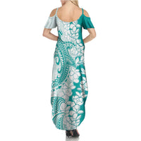Polynesian Teal Plumeria Lei Summer Maxi Dress with Hammerhead Shark LT7 - Polynesian Pride