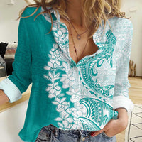 Polynesian Teal Plumeria Lei Women Casual Shirt with Hammerhead Shark