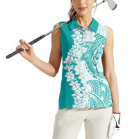 Polynesian Teal Plumeria Lei Women Sleeveless Polo Shirt with Hammerhead Shark LT7 - Polynesian Pride