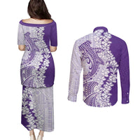 Polynesian Purple Plumeria Lei Couples Matching Puletasi and Long Sleeve Button Shirt with Hammerhead Shark LT7 - Polynesian Pride