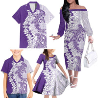 Polynesian Purple Plumeria Lei Family Matching Off The Shoulder Long Sleeve Dress and Hawaiian Shirt with Hammerhead Shark