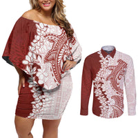 Polynesian Crimson Plumeria Lei Couples Matching Off Shoulder Short Dress and Long Sleeve Button Shirt with Hammerhead Shark LT7 Red - Polynesian Pride