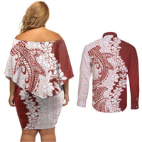 Polynesian Crimson Plumeria Lei Couples Matching Off Shoulder Short Dress and Long Sleeve Button Shirt with Hammerhead Shark LT7 - Polynesian Pride