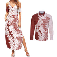 Polynesian Crimson Plumeria Lei Couples Matching Summer Maxi Dress and Long Sleeve Button Shirt with Hammerhead Shark LT7 Red - Polynesian Pride