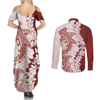 Polynesian Crimson Plumeria Lei Couples Matching Summer Maxi Dress and Long Sleeve Button Shirt with Hammerhead Shark LT7 - Polynesian Pride