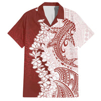 Polynesian Crimson Plumeria Lei Family Matching Off Shoulder Maxi Dress and Hawaiian Shirt with Hammerhead Shark