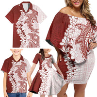 Polynesian Crimson Plumeria Lei Family Matching Off Shoulder Short Dress and Hawaiian Shirt with Hammerhead Shark