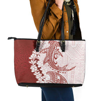 Polynesian Crimson Plumeria Lei Leather Tote Bag with Hammerhead Shark LT7 - Polynesian Pride