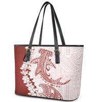 Polynesian Crimson Plumeria Lei Leather Tote Bag with Hammerhead Shark LT7 - Polynesian Pride