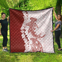 Polynesian Crimson Plumeria Lei Quilt with Hammerhead Shark