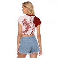 Polynesian Crimson Plumeria Lei Raglan Cropped T Shirt with Hammerhead Shark LT7 - Polynesian Pride