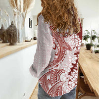 Polynesian Crimson Plumeria Lei Women Casual Shirt with Hammerhead Shark