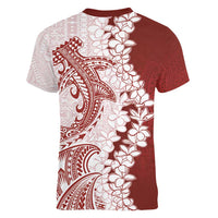 Polynesian Crimson Plumeria Lei Women V-Neck T-Shirt with Hammerhead Shark LT7 - Polynesian Pride