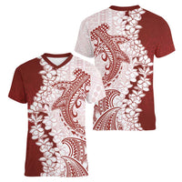 Polynesian Crimson Plumeria Lei Women V-Neck T-Shirt with Hammerhead Shark LT7 - Polynesian Pride