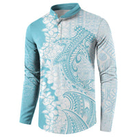 Polynesian Turquoise Plumeria Lei Button Sweatshirt with Hammerhead Shark LT7 - Polynesian Pride