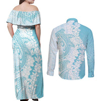 Polynesian Turquoise Plumeria Lei Couples Matching Off Shoulder Maxi Dress and Long Sleeve Button Shirt with Hammerhead Shark LT7 - Polynesian Pride
