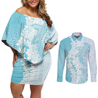Polynesian Turquoise Plumeria Lei Couples Matching Off Shoulder Short Dress and Long Sleeve Button Shirt with Hammerhead Shark LT7 Turquoise - Polynesian Pride