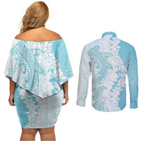 Polynesian Turquoise Plumeria Lei Couples Matching Off Shoulder Short Dress and Long Sleeve Button Shirt with Hammerhead Shark LT7 - Polynesian Pride