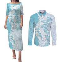 Polynesian Turquoise Plumeria Lei Couples Matching Puletasi and Long Sleeve Button Shirt with Hammerhead Shark LT7 Turquoise - Polynesian Pride