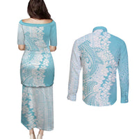 Polynesian Turquoise Plumeria Lei Couples Matching Puletasi and Long Sleeve Button Shirt with Hammerhead Shark LT7 - Polynesian Pride