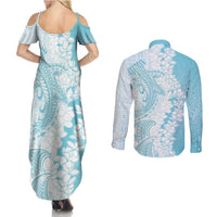 Polynesian Turquoise Plumeria Lei Couples Matching Summer Maxi Dress and Long Sleeve Button Shirt with Hammerhead Shark LT7 - Polynesian Pride