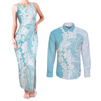 Polynesian Turquoise Plumeria Lei Couples Matching Tank Maxi Dress and Long Sleeve Button Shirt with Hammerhead Shark LT7 Turquoise - Polynesian Pride