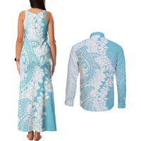 Polynesian Turquoise Plumeria Lei Couples Matching Tank Maxi Dress and Long Sleeve Button Shirt with Hammerhead Shark LT7 - Polynesian Pride