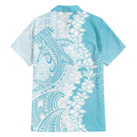 Polynesian Turquoise Plumeria Lei Family Matching Long Sleeve Bodycon Dress and Hawaiian Shirt with Hammerhead Shark