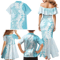 Polynesian Turquoise Plumeria Lei Family Matching Mermaid Dress and Hawaiian Shirt with Hammerhead Shark