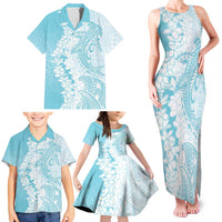 Polynesian Turquoise Plumeria Lei Family Matching Tank Maxi Dress and Hawaiian Shirt with Hammerhead Shark