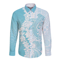 Polynesian Turquoise Plumeria Lei Long Sleeve Button Shirt with Hammerhead Shark